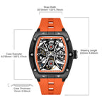 MEGIR 9198-4 skeleton automatic watch size chart with case and strap measurements, orange model