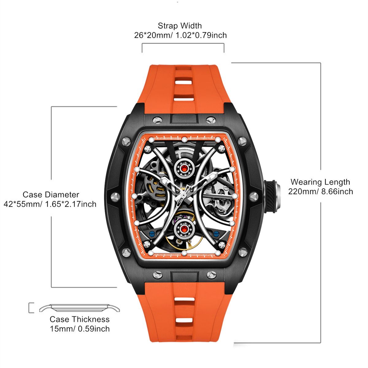 MEGIR 9198-4 skeleton automatic watch size chart with case and strap measurements, orange model
