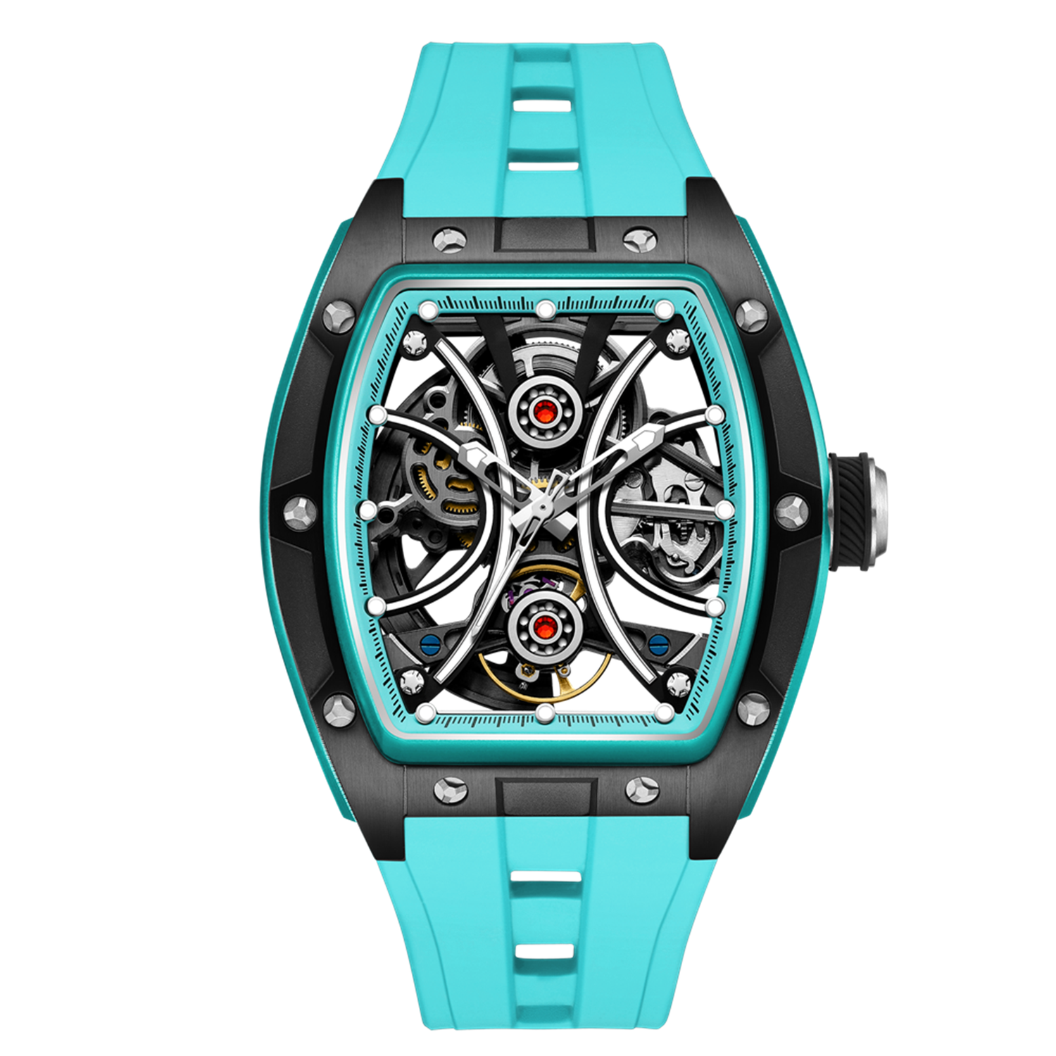 MEGIR 9198-4 skeleton automatic watch, turquoise case and strap, openwork dial, angled view