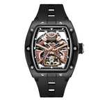 MEGIR 9198-5 samurai skeleton automatic watch, black case and black silicone strap, angled view