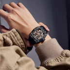 MEGIR 9198-5 samurai skeleton automatic watch on the wrist, black case and black silicone strap
