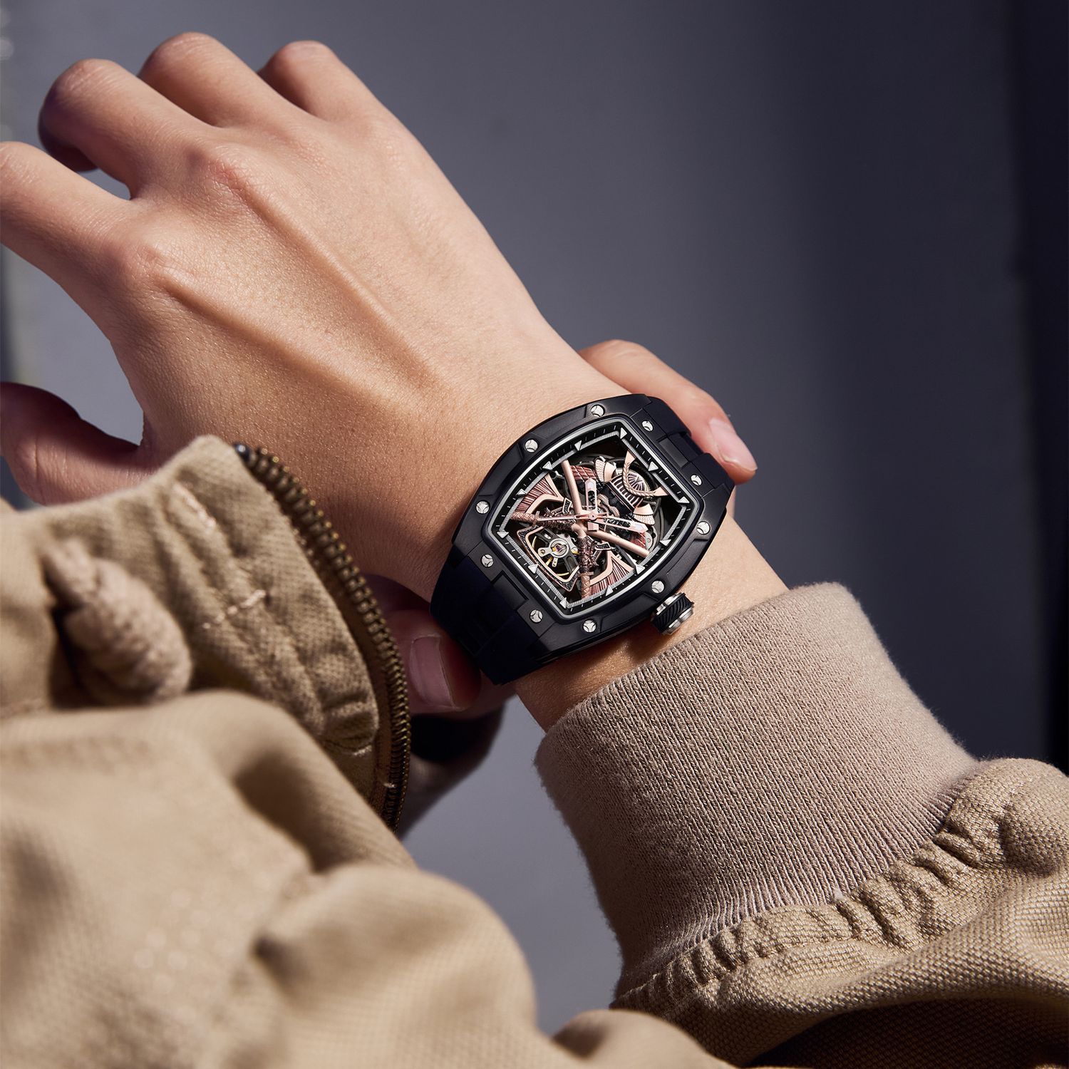 MEGIR 9198-5 samurai skeleton automatic watch on the wrist, black case and black silicone strap