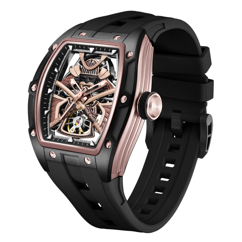 MEGIR 9198-5 samurai skeleton automatic watch, rose-gold case and black silicone strap, angled view