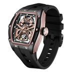 MEGIR 9198-5 samurai skeleton automatic watch, rose-gold case and black silicone strap, angled view