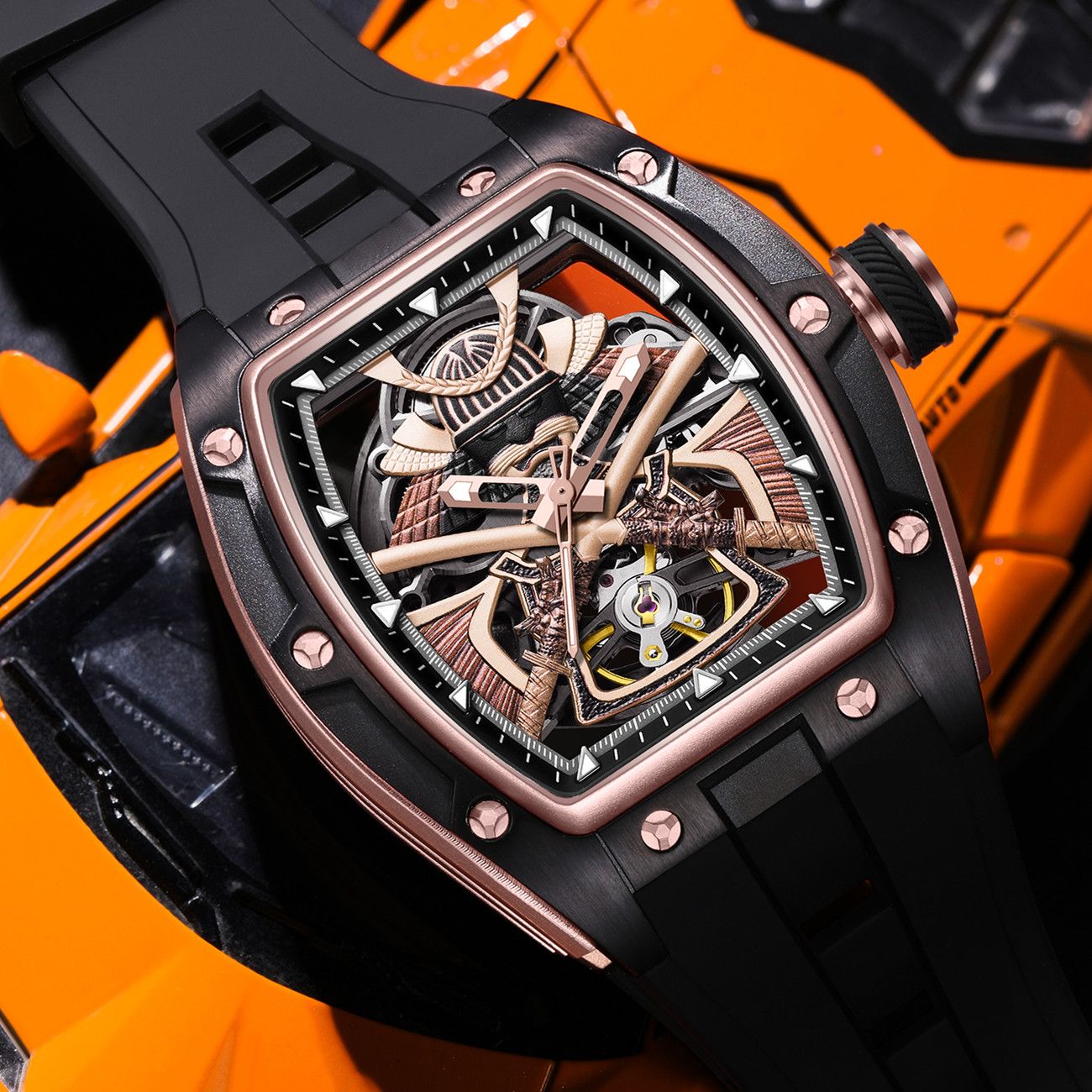 MEGIR 9198-5 samurai skeleton automatic watch, rose-gold case, styled beside an orange sports car