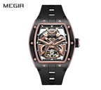 MEGIR 9198-5 men's skeleton automatic watch, samurai warrior dial, rose-gold barrel case and black strap, front
