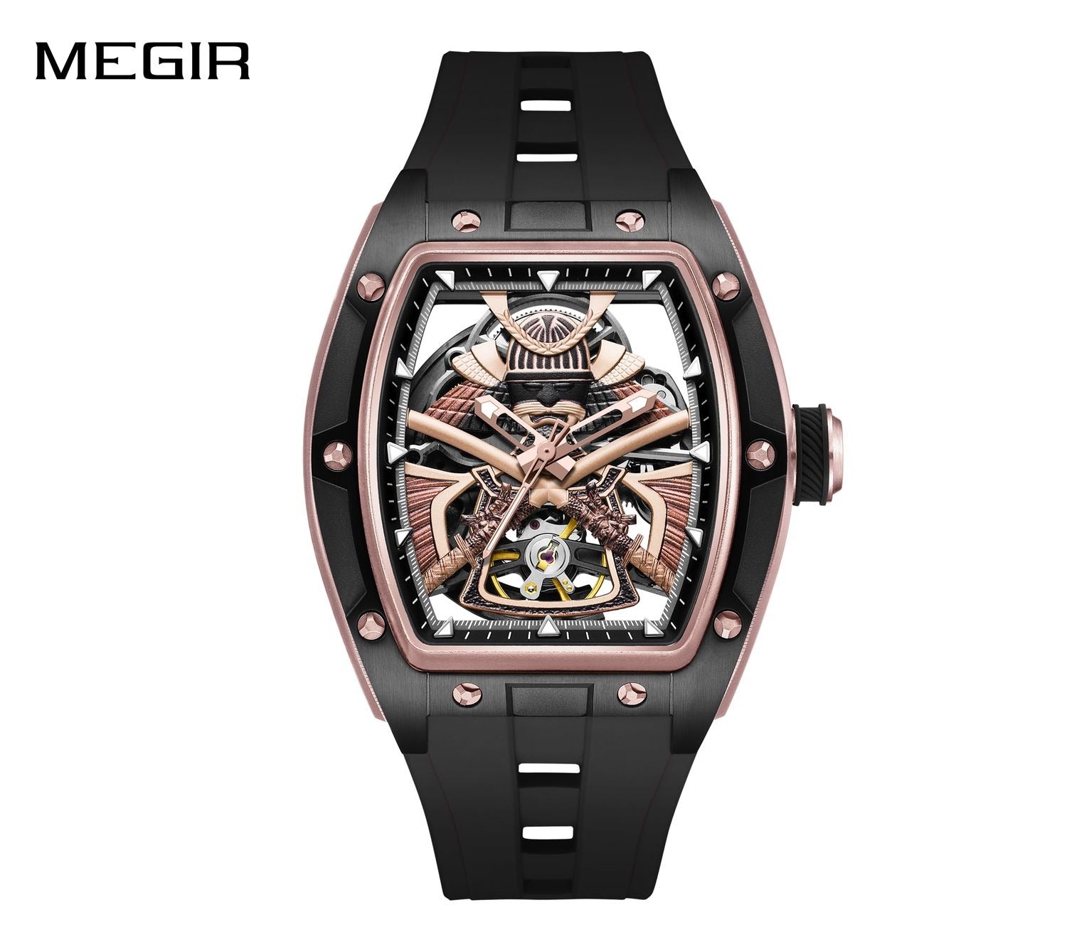 MEGIR 9198-5 men's skeleton automatic watch, samurai warrior dial, rose-gold barrel case and black strap, front