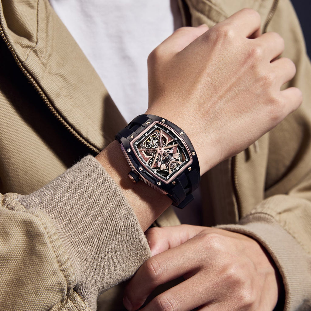 MEGIR 9198-5 samurai skeleton automatic watch on the wrist, rose-gold case and black silicone strap