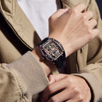 MEGIR 9198-5 samurai skeleton automatic watch on the wrist, rose-gold case and black silicone strap