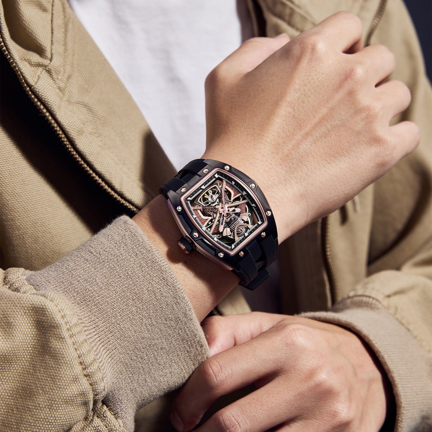 MEGIR 9198-5 samurai skeleton automatic watch on the wrist, rose-gold case and black silicone strap