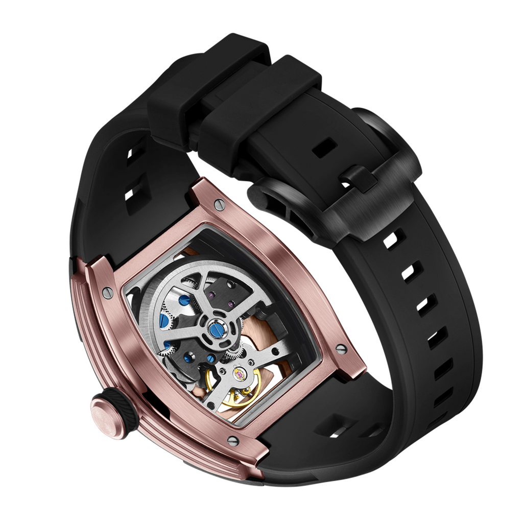 MEGIR 9198-5 samurai skeleton automatic watch caseback with exhibition window showing the movement