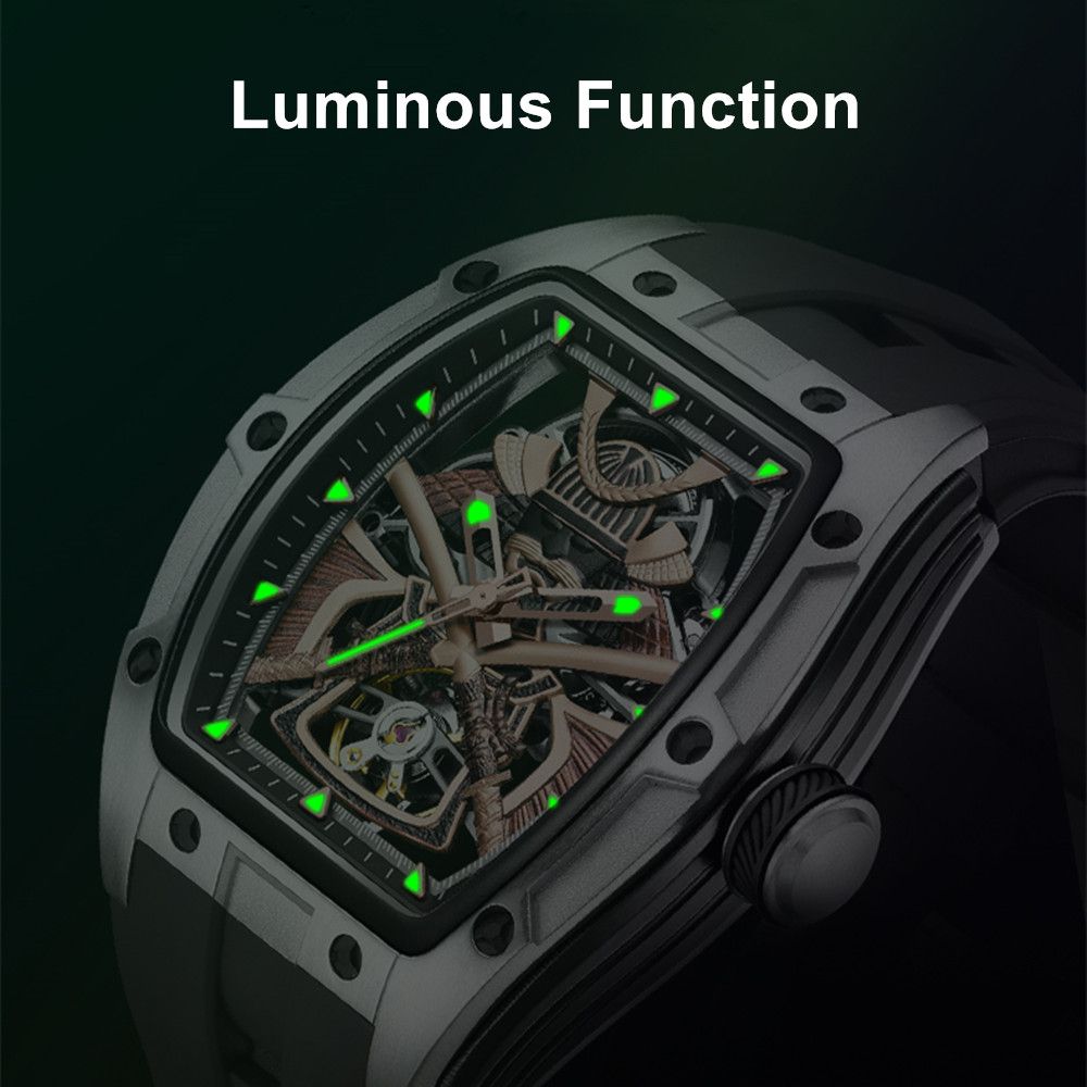 MEGIR 9198-5 samurai skeleton automatic watch with luminous hands and markers glowing in the dark