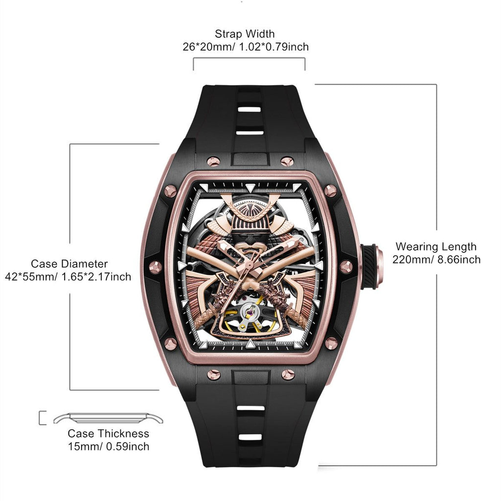 MEGIR 9198-5 samurai skeleton automatic watch size chart with case and strap measurements