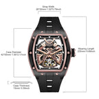MEGIR 9198-5 samurai skeleton automatic watch size chart with case and strap measurements