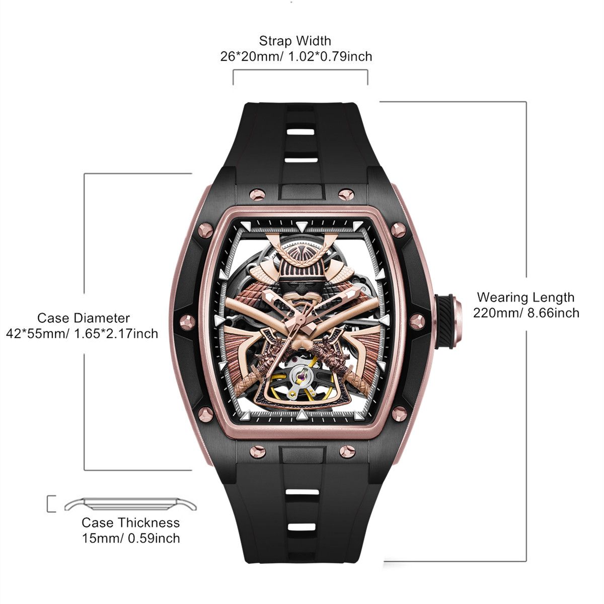 MEGIR 9198-5 samurai skeleton automatic watch size chart with case and strap measurements