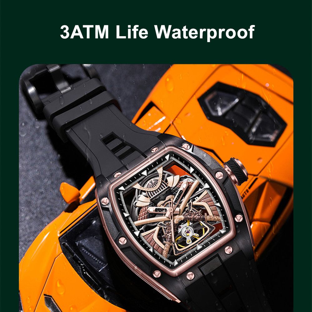 MEGIR 9198-5 samurai skeleton automatic watch, 3ATM life-waterproof feature graphic, rose-gold model