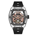 MEGIR 9198-5 samurai skeleton automatic watch, silver barrel case and black silicone strap, angled