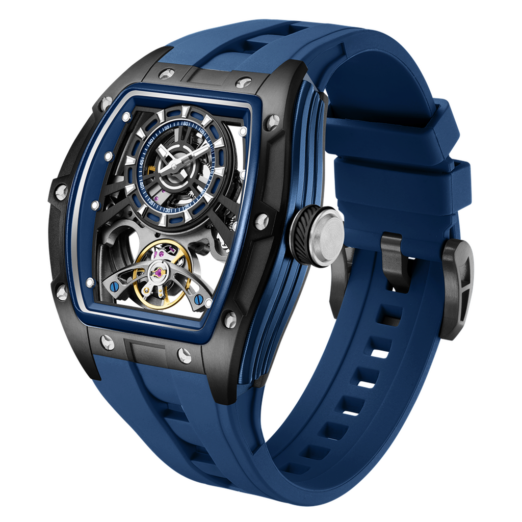 MEGIR 9198-6 skeleton automatic watch, dark case and blue silicone strap, angled view