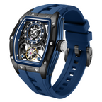 MEGIR 9198-6 skeleton automatic watch, dark case and blue silicone strap, angled view