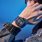 MEGIR 9198-6 skeleton automatic watch on the wrist, blue case and blue silicone strap