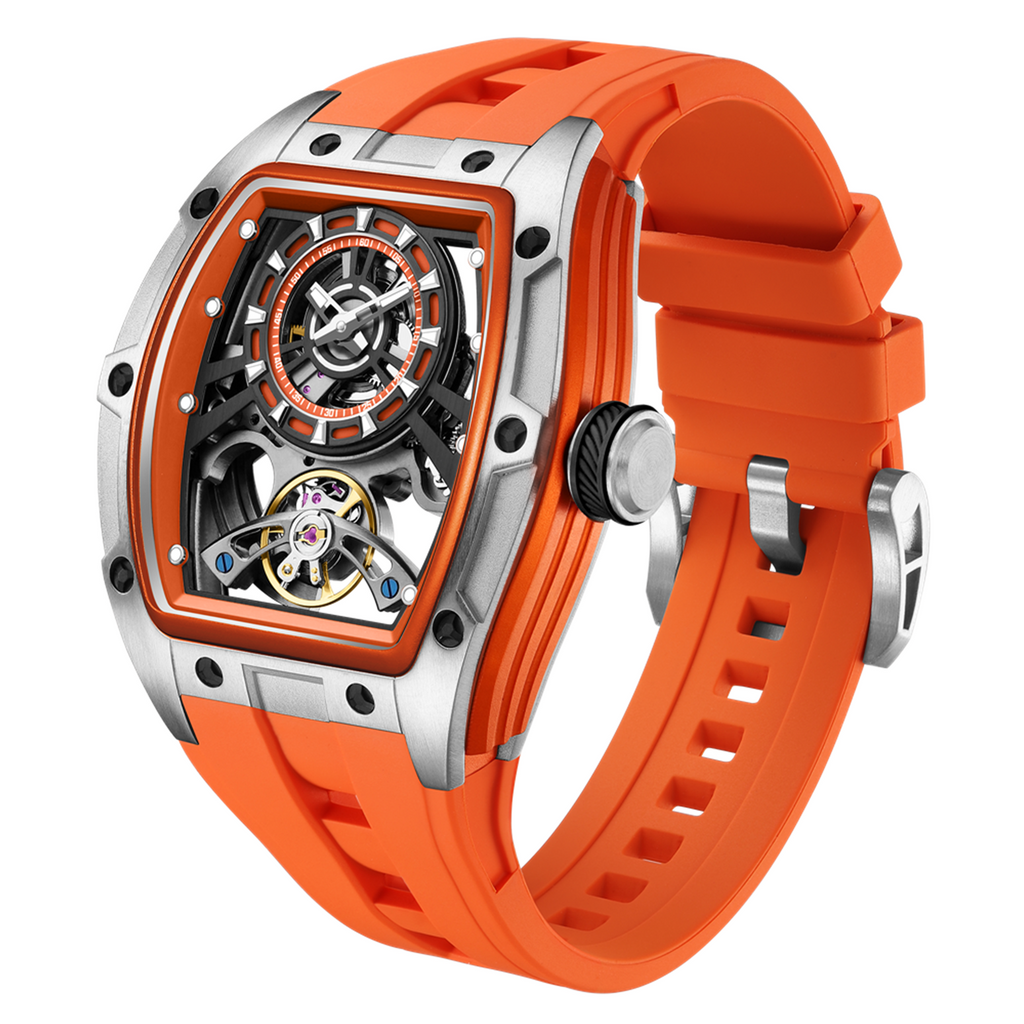 MEGIR 9198-6 skeleton automatic watch, silver case and orange silicone strap, angled view