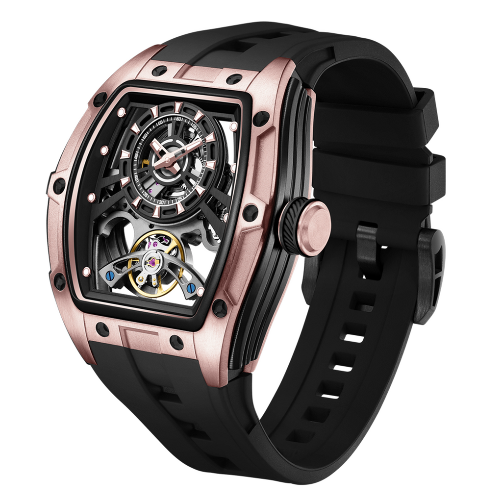 MEGIR 9198-6 skeleton automatic watch, rose-gold barrel case and black silicone strap, angled view