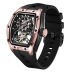 MEGIR 9198-6 skeleton automatic watch, rose-gold barrel case and black silicone strap, angled view