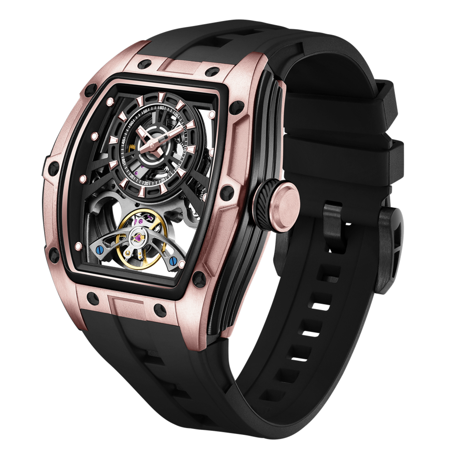 MEGIR 9198-6 skeleton automatic watch, rose-gold barrel case and black silicone strap, angled view
