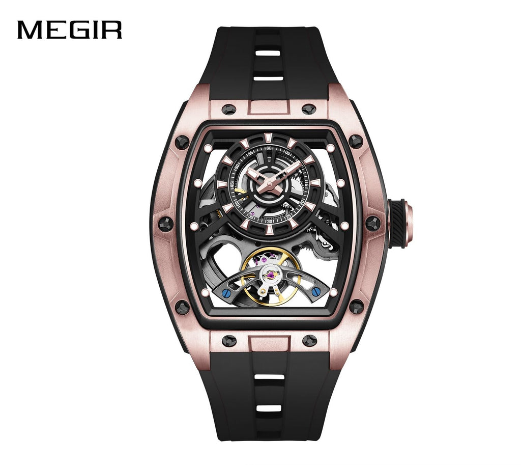 MEGIR 9198-6 men's skeleton automatic watch, rose-gold barrel case, openwork dial and black strap, front view