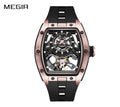 MEGIR 9198-6 men's skeleton automatic watch, rose-gold barrel case, openwork dial and black strap, front view