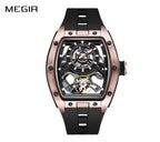 MEGIR 9198-6 men's skeleton automatic watch, rose-gold barrel case, openwork dial and black strap, front view