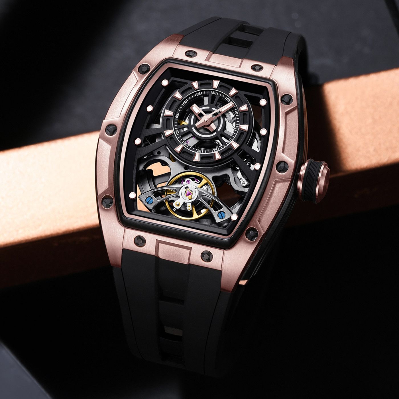 MEGIR 9198-6 skeleton automatic watch, rose-gold barrel case and black strap, beauty shot