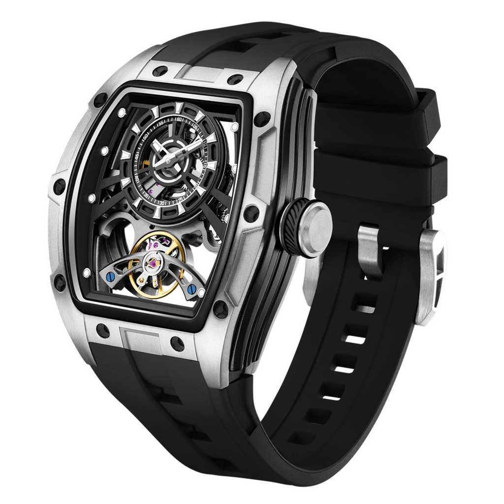 MEGIR 9198-6 skeleton automatic watch, silver barrel case and black silicone strap, angled view