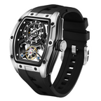 MEGIR 9198-6 skeleton automatic watch, silver barrel case and black silicone strap, angled view