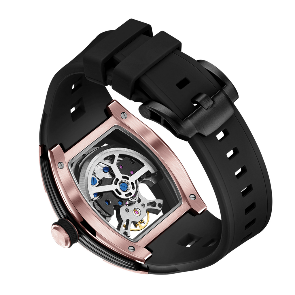 MEGIR 9198-6 skeleton automatic watch caseback with exhibition window showing the skeleton movement