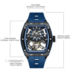 MEGIR 9198-6 skeleton automatic watch size chart with case and strap measurements, blue model