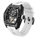 MEGIR 9198-6 skeleton automatic watch, black case and white silicone strap, angled view