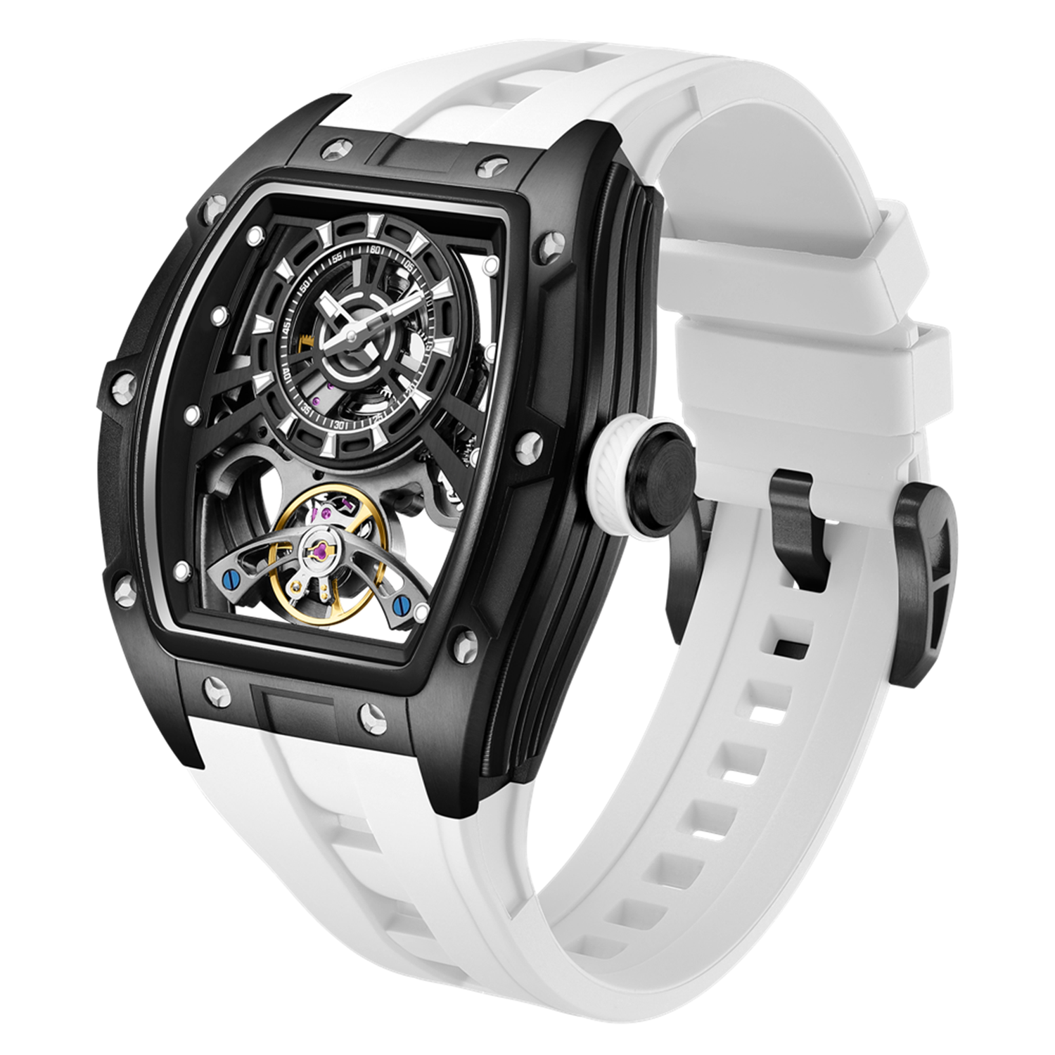 MEGIR 9198-6 skeleton automatic watch, black case and white silicone strap, angled view