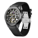MEGIR 9204-5 skeleton automatic watch, black case and black silicone strap with steel clasp, angled