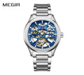 MEGIR 9204-5 men's skeleton automatic watch, blue openwork dial with exposed balance wheel, steel bracelet, front view