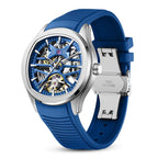 MEGIR 9204-5 skeleton automatic watch, blue dial and blue silicone strap with steel clasp, angled
