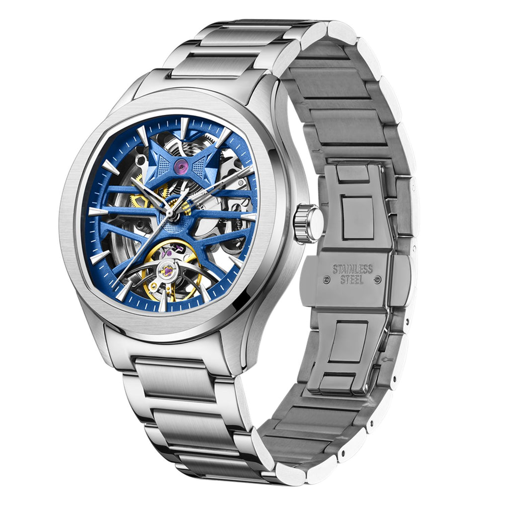 MEGIR 9204-5 skeleton automatic watch, blue openwork dial and steel bracelet, angled view