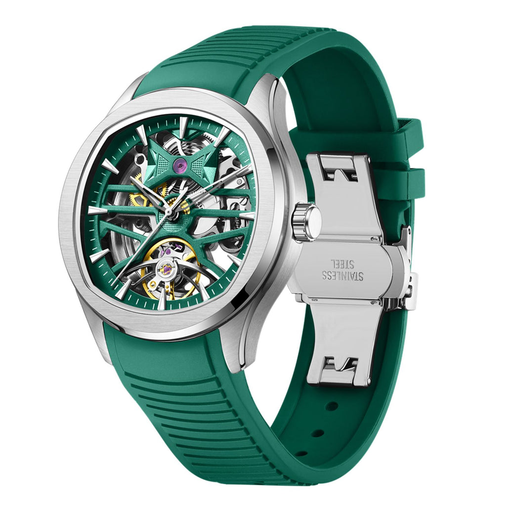 MEGIR 9204-5 skeleton automatic watch, green dial and green silicone strap with steel clasp, angled