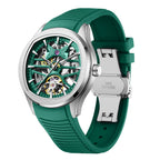MEGIR 9204-5 skeleton automatic watch, green dial and green silicone strap with steel clasp, angled