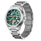 MEGIR 9204-5 skeleton automatic watch, green openwork dial and steel bracelet, angled view