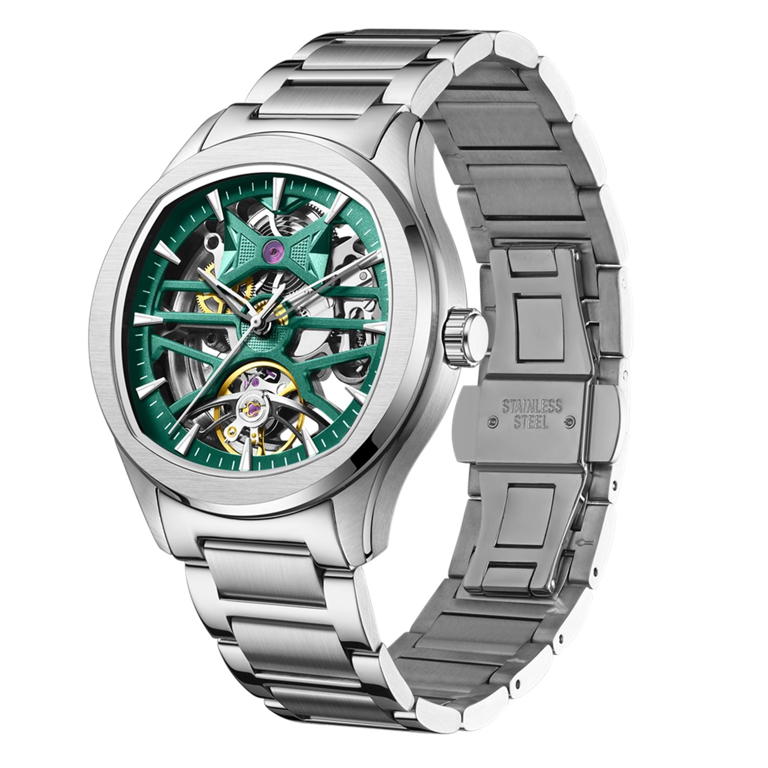 MEGIR 9204-5 skeleton automatic watch, green openwork dial and steel bracelet, angled view