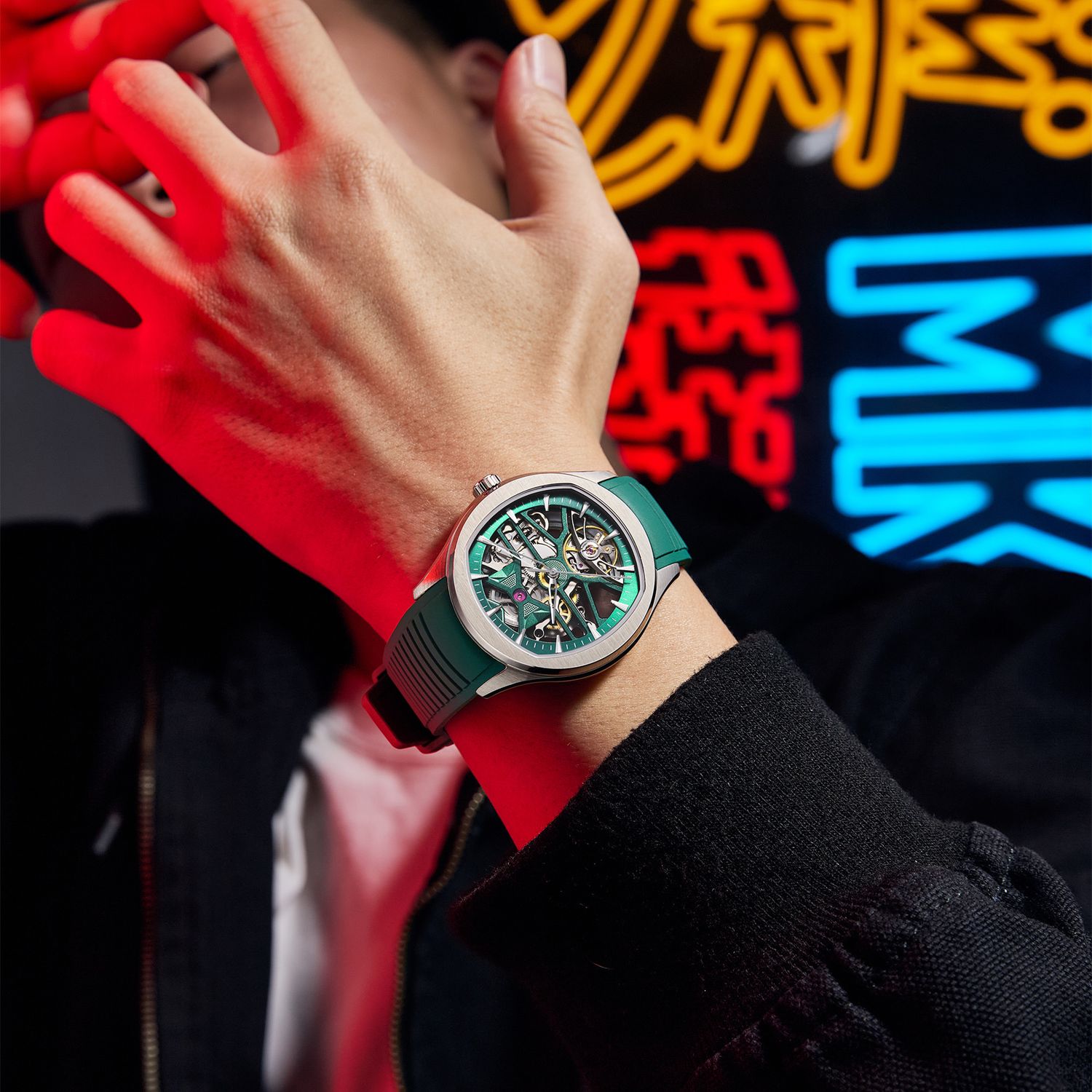 MEGIR 9204-5 skeleton automatic watch, green dial and green silicone strap, worn against neon lights