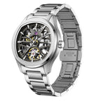 MEGIR 9204-5 skeleton automatic watch, grey openwork dial and steel bracelet, angled view