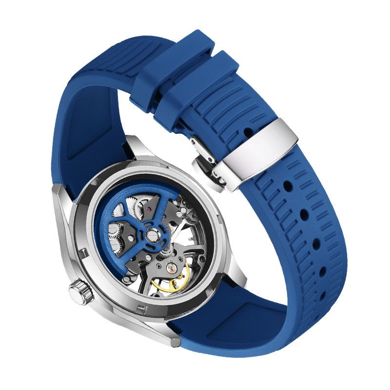 MEGIR 9204-5 skeleton automatic watch caseback with exhibition window, blue silicone strap
