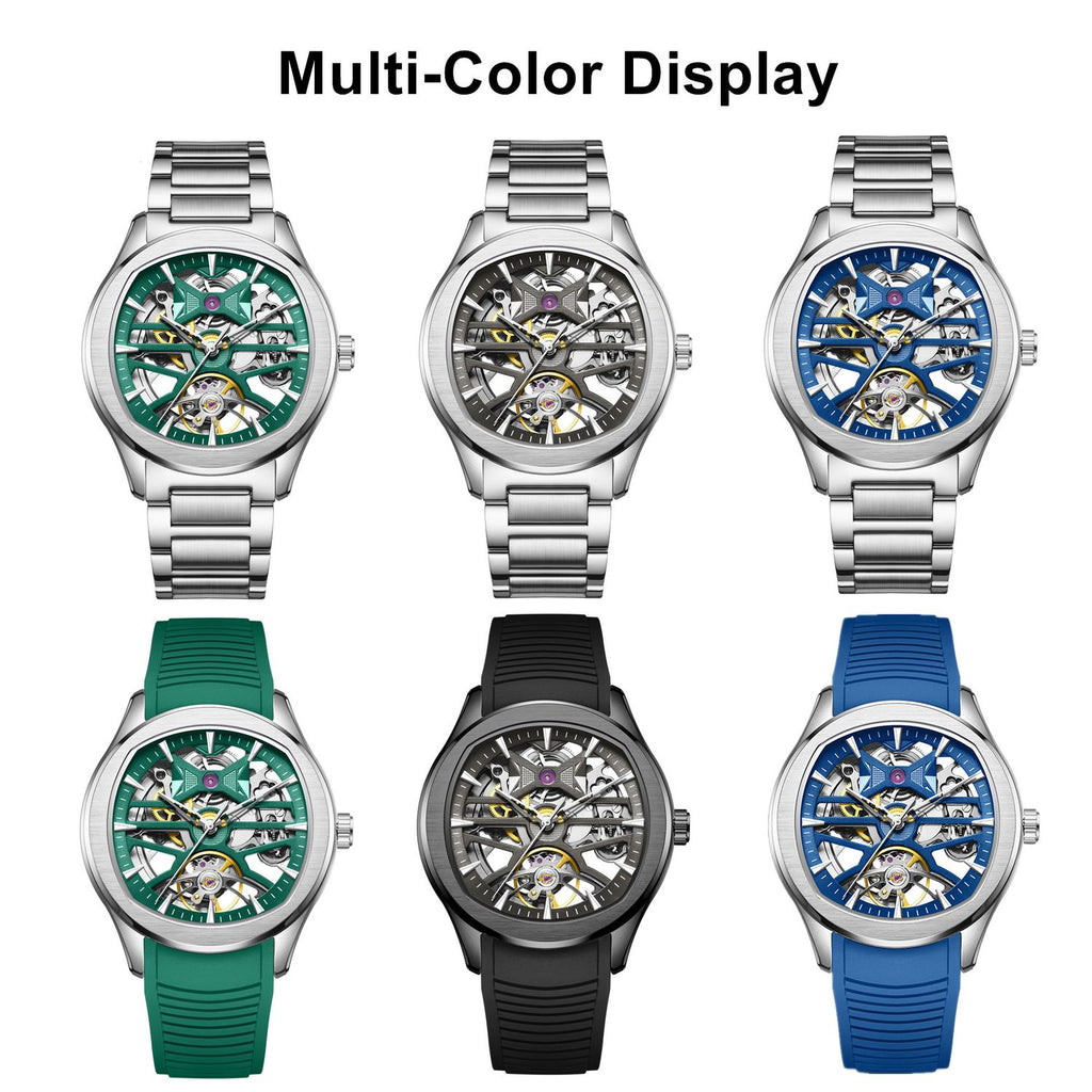 MEGIR 9204-5 skeleton automatic watch shown in six colour options with steel and silicone straps